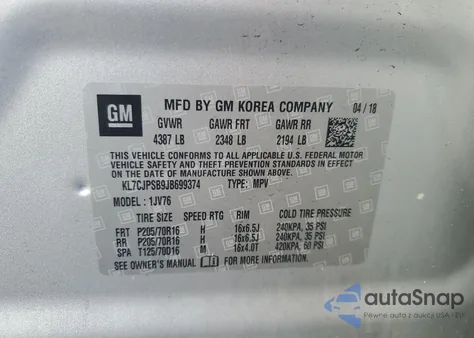 2018 Chevrolet Trax 1Lt z USA, uszkodzony, nr VIN KL7CJPSB9JB699374